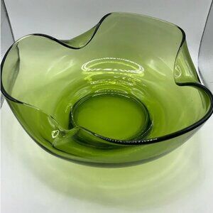 Vintage Avocado Green Glass Folded Edge Bowl